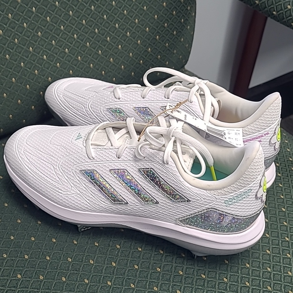 Ladies Softball Cleats Silver Sparkle Colorful Flower Fun Adizero PureHustle
